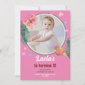 ピンクの1歳誕生日蝶の招待状（写真付き） 招待状 (正面)
