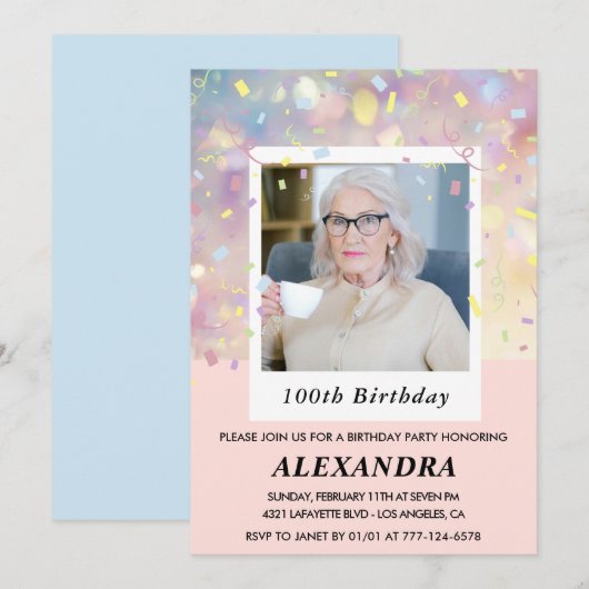 ピンクの100歳の誕生日招待状 コンフェティ 写真 招待状 (正面/裏面)