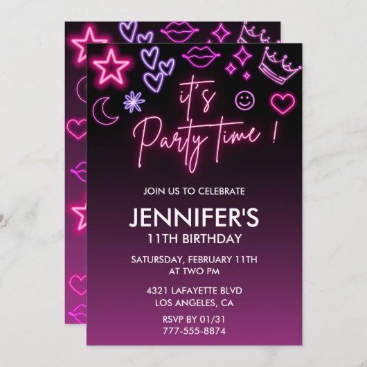 ピンクの11歳の誕生日招待状のための彼女の子供ネオン 招待状 (正面/裏面)