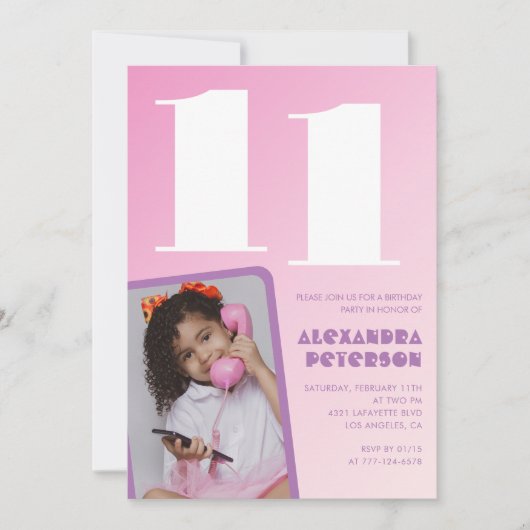 ピンクの11歳の誕生日招待状 女の子 レトロ フォト 招待状 (正面)