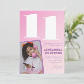 ピンクの11歳の誕生日招待状 女の子 レトロ 写真 招待状 (スタンド正面)