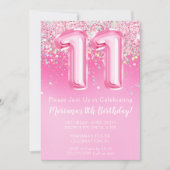 ピンクの11歳誕生日パーティー招待状 キラキラピンク 招待状 (正面)