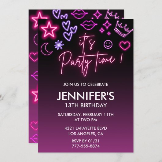 ピンクの13歳の誕生日招待状のための彼女の子供ネオン 招待状 (正面/裏面)