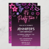 ピンクの14歳の誕生日招待状のための彼女の子供ネオン 招待状 (正面/裏面)