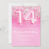 ピンクの14歳誕生日招待状 キラキラピンク 招待状 (正面)