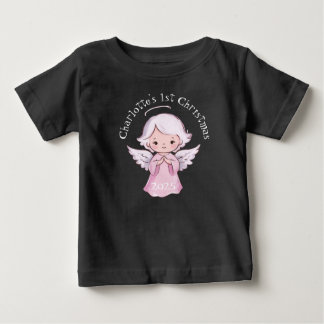 ピンクの1stクリスマス女の子天使のかわいい2025年ブラック ベビーTシャツ