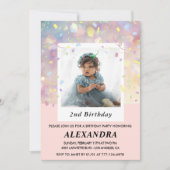 ピンクの2番目の誕生日招待状紙吹雪写真 招待状 (正面)