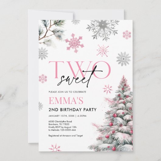 ピンクの2番目の誕生日招待状、冬の2誕生日 招待状 (正面)