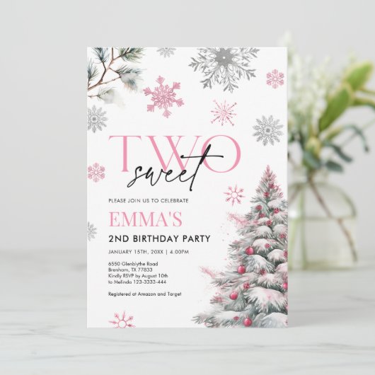 ピンクの2番目の誕生日招待状、冬の2誕生日 招待状 (スタンド正面)