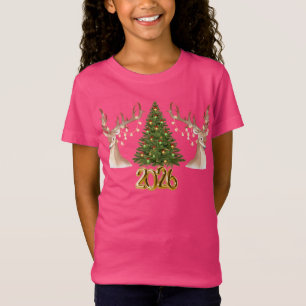 ピンクの2026年トナカイ クリスマスTシャツ 子供用 Tシャツ