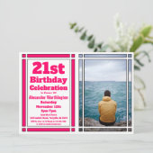 ピンクの21歳の写真付き誕生日パーティー招待状 招待状 (スタンド正面)