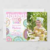 ピンクの2nd誕生日ドーナツパーティー写真 招待状 (正面)