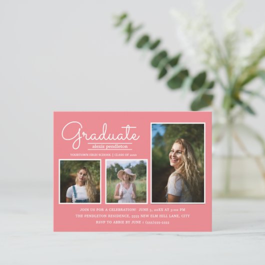 ピンクの3写真の卒業パーティー ポストカード (スタンド正面)