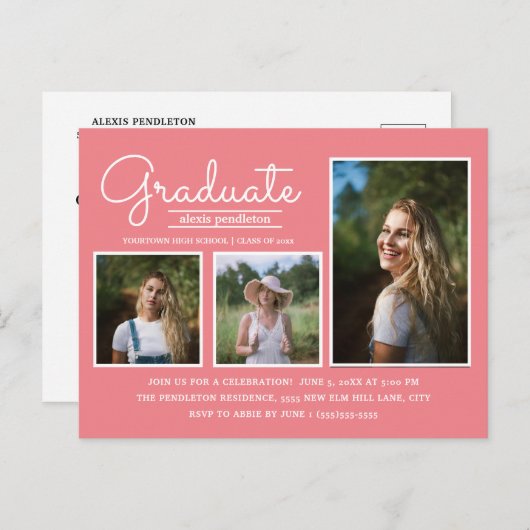 ピンクの3写真の卒業パーティー ポストカード (正面/裏面)