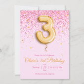 ピンクの3歳の誕生日招待状 キラキラ女の子の誕生日 招待状 (正面)
