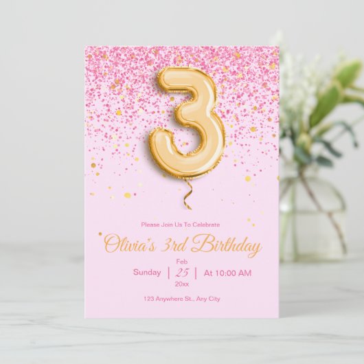 ピンクの3歳の誕生日招待状 キラキラ女の子の誕生日 招待状 (スタンド正面)