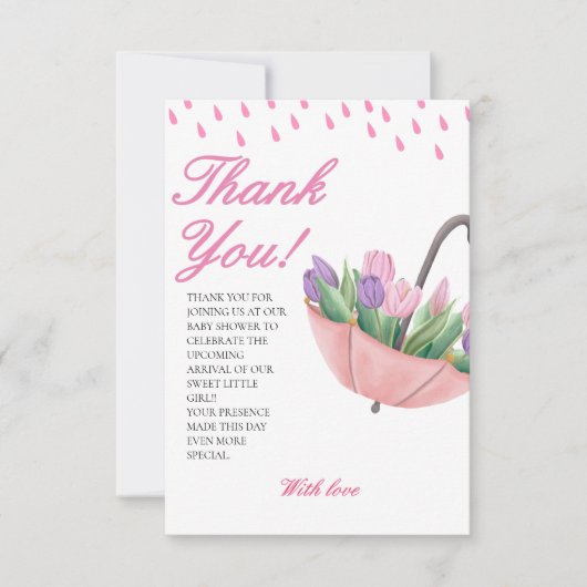 ピンクの4月シャワーが花の赤ちゃんシャワーをもたらす サンキューカード (正面)