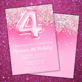 ピンクの4歳の誕生日招待状 女の子のかわいいピンクのラメ 招待状
