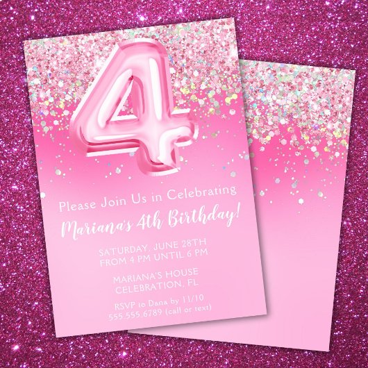 ピンクの4歳の誕生日招待状 女の子のかわいいピンクのラメ 招待状
