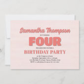 ピンクの4歳誕生日ガールパーティーフラワーテンプレート 招待状 (正面)