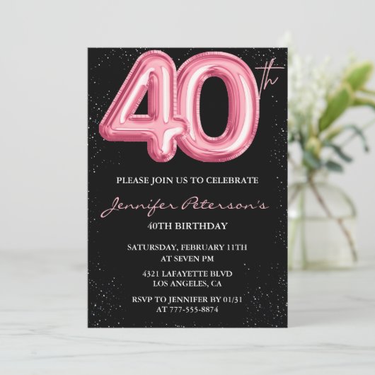 ピンクの40歳の誕生日招待状バルーングラムブラック 招待状 (スタンド正面)