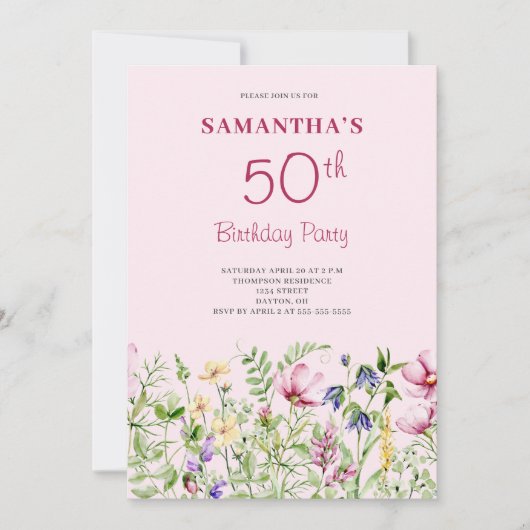 ピンクの50歳の誕生日フラワー 招待状 (正面)