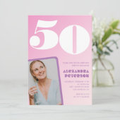 ピンクの50歳の誕生日招待状 レトロ写真 招待状 (スタンド正面)