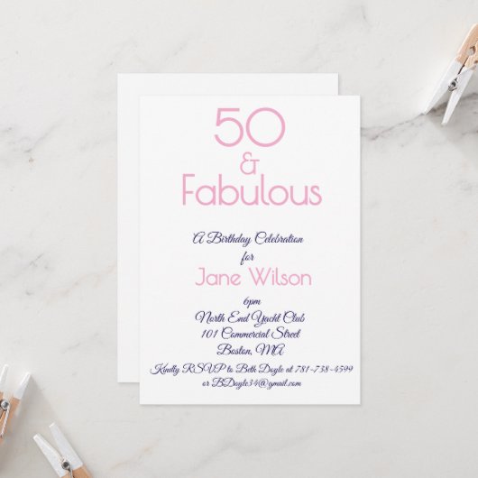 ピンクの50歳の誕生日招待状 招待状 (正面/裏面インサイチュ)