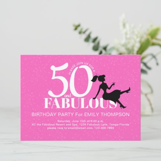 ピンクの50歳誕生日パーティー シック カスタム 招待状 (スタンド正面)