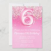 ピンクの6歳誕生日招待状 キラキラピンクのグリッター 招待状 (正面)