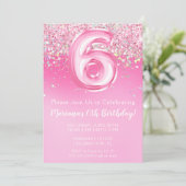 ピンクの6歳誕生日招待状 キラキラピンクのグリッター 招待状 (スタンド正面)