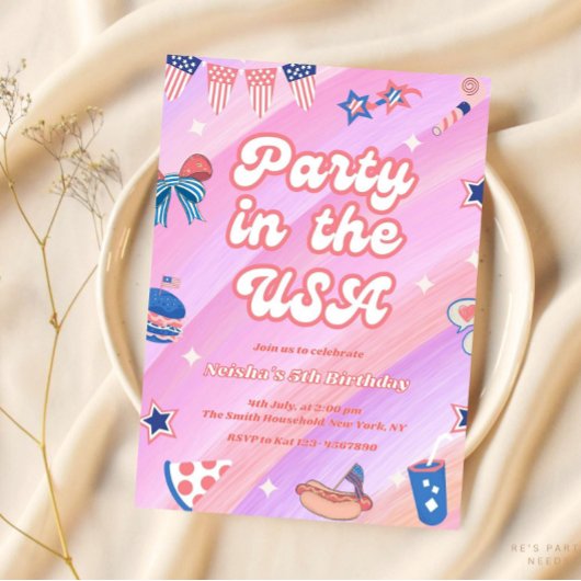 ピンクの7月4日誕生日オールアメリカンガール 招待状