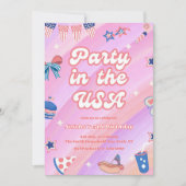 ピンクの7月4日誕生日オールアメリカンガール 招待状 (正面)