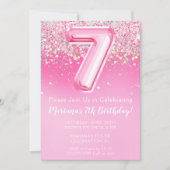 ピンクの7歳誕生日招待状 女の子 ピンクのグリッター 招待状 (正面)
