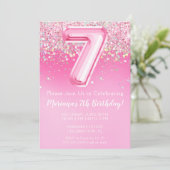ピンクの7歳誕生日招待状 女の子 ピンクのグリッター 招待状 (スタンド正面)