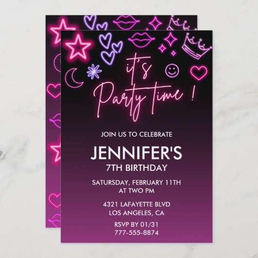 ピンクの7th誕生日招待状のための彼女の子供ネオン 招待状 (正面/裏面)