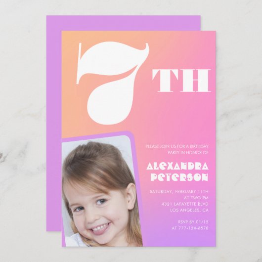 ピンクの7th誕生日招待状カラフル写真 招待状 (正面/裏面)