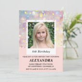 ピンクの8歳の誕生日招待状 コンフェッティ フォト 招待状 (スタンド正面)