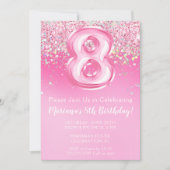 ピンクの8歳誕生日招待状 キラキラピンク 誕生日パーティー招待状 招待状 (正面)