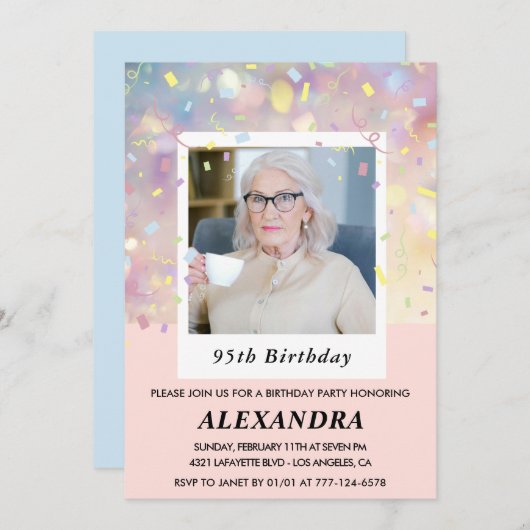 ピンクの95歳の誕生日招待状 コンフェッティ フォト 招待状 (正面/裏面)