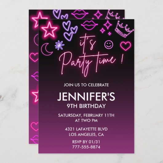 ピンクの9th誕生日招待状のための彼女の子供ネオン 招待状 (正面/裏面)