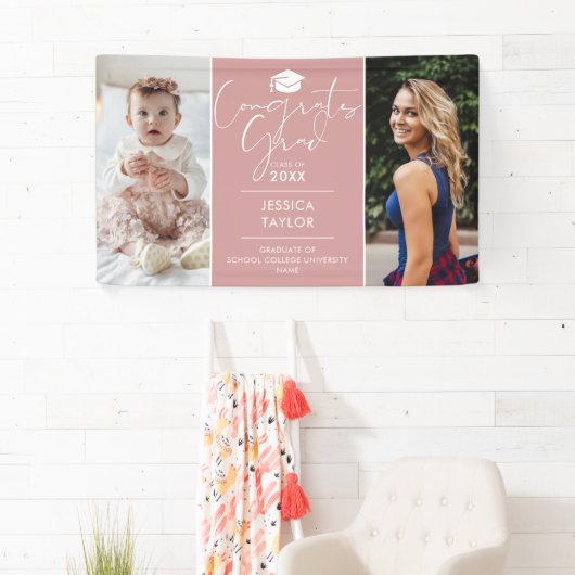 ピンクの「あの時」と「今」2枚の写真を使った卒業パーティーバナー 横断幕 (インサイチュ)