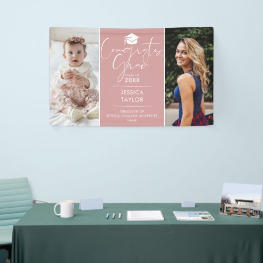 ピンクの「あの時」と「今」2枚の写真を使った卒業パーティーバナー 横断幕 (トレードショー)