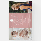 ピンクの「あの時」と「今」2枚の写真を使った卒業パーティーバナー 横断幕 (縦)
