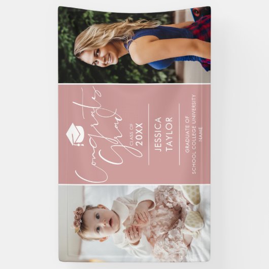 ピンクの「あの時」と「今」2枚の写真を使った卒業パーティーバナー 横断幕 (縦)