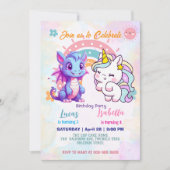 ピンクの かわいい ユニコーン 恐竜 レインボー 誕生日パーティー 招待状 (正面)