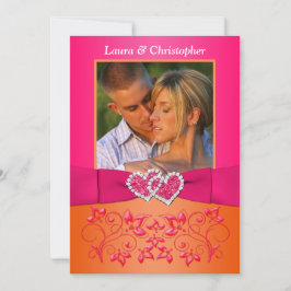 ピンクの、オレンジ花柄によって結合されるハートの写真の招待 招待状