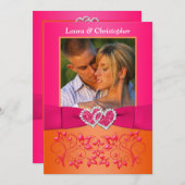 ピンクの、オレンジ花柄によって結合されるハートの写真の招待 招待状 (正面/裏面)