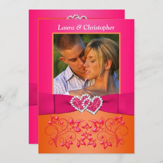 ピンクの、オレンジ花柄によって結合されるハートの写真の招待 招待状 (正面/裏面)