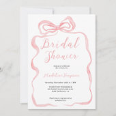 ピンクの コケッタ ウォーターカラー ボウ ブライダル シャワー 招待状 (正面)